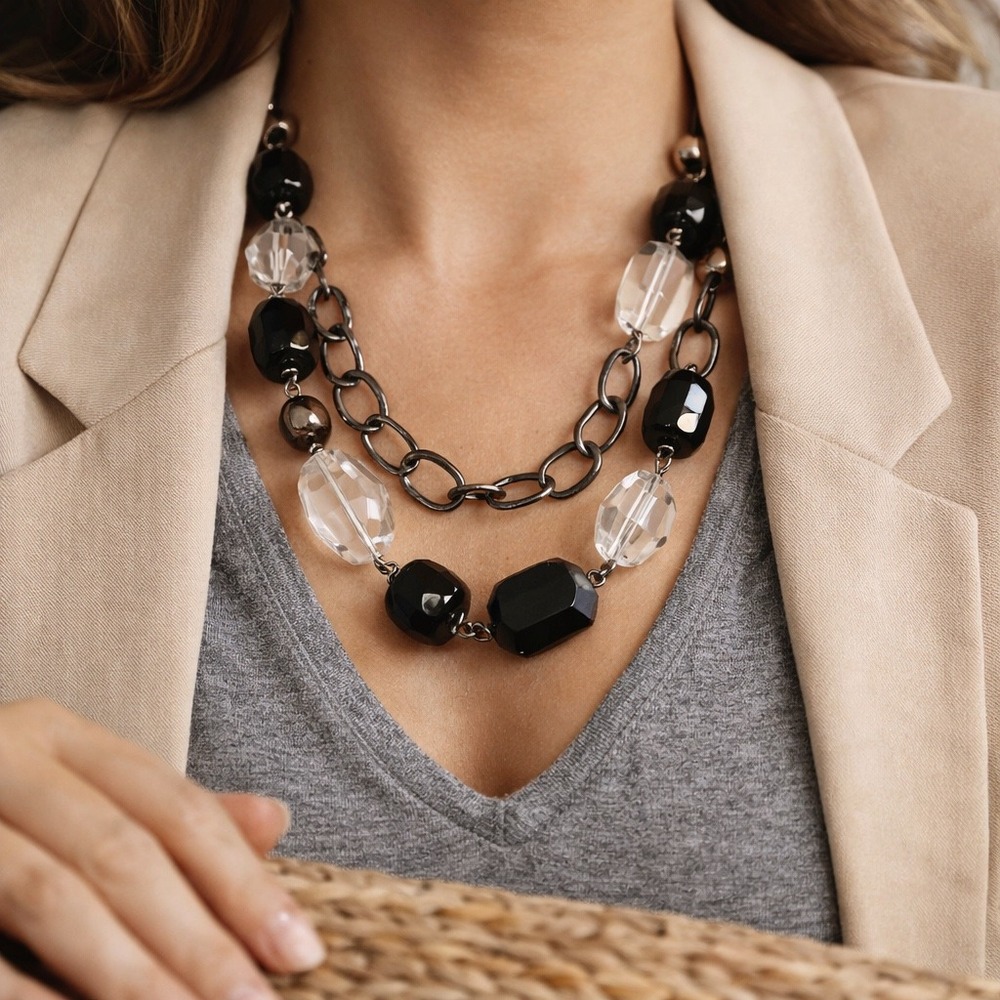 Necklace Chunky Black Clear Faceted Bead Gunmetal Multi Strand Statement 38"